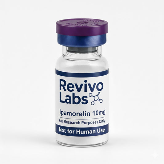 Vial labeled 'Revivo Labs Ipamorelin 10mg' with purple cap on a white background
