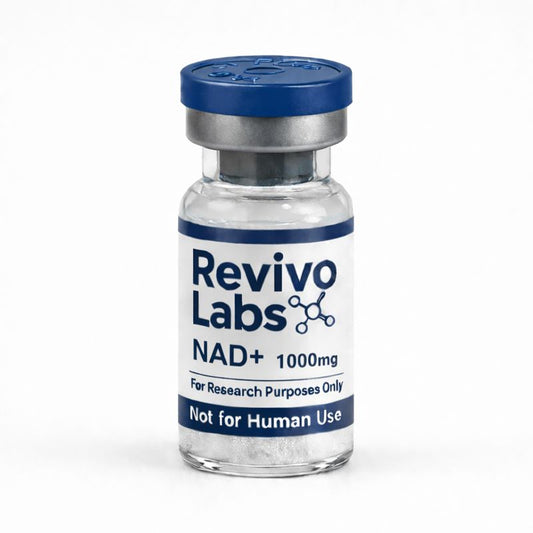 Vial labeled 'Revivo Labs NAD+ 1000mg' on a white background