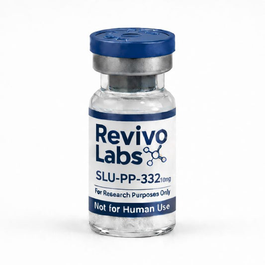 Vial labeled 'Revivo Labs' with blue and white label on a white background slup-pp-332