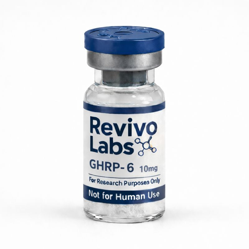 Vial labeled 'Revivo Labs GHRP-6 10mg' on a white background