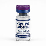 Vial labeled 'Revivo Labs Tirzepatide' with purple cap on a white background